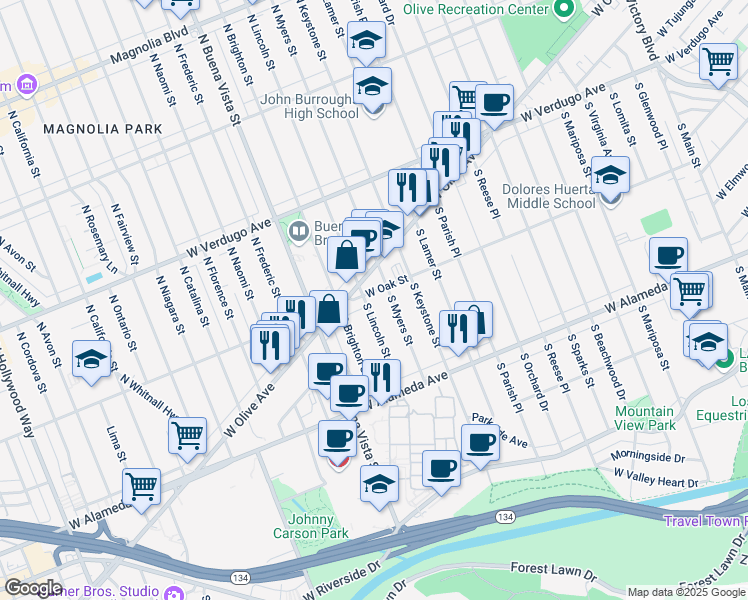 map of restaurants, bars, coffee shops, grocery stores, and more near 2222 West Olive Avenue in Burbank