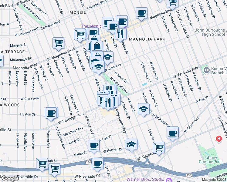 map of restaurants, bars, coffee shops, grocery stores, and more near 644 North Hollywood Way in Burbank