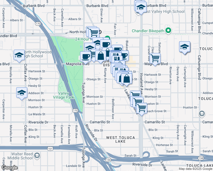map of restaurants, bars, coffee shops, grocery stores, and more near 5066 Klump Avenue in Los Angeles
