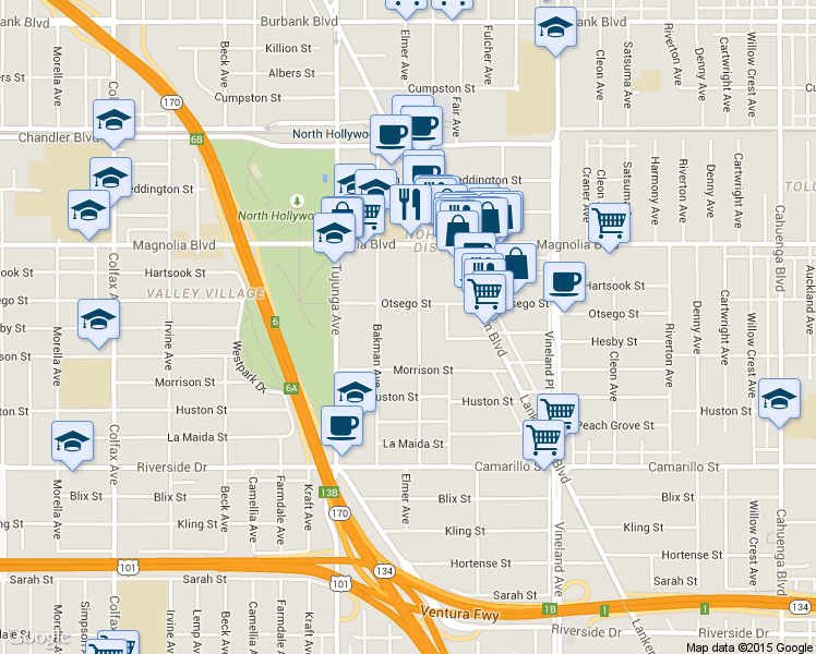 map of restaurants, bars, coffee shops, grocery stores, and more near 5066 Klump Avenue in Los Angeles