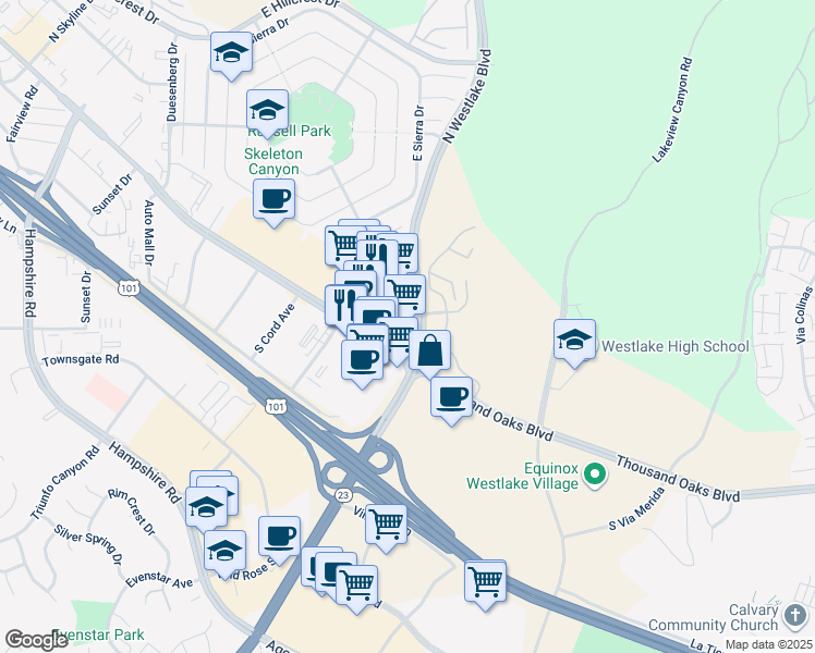 map of restaurants, bars, coffee shops, grocery stores, and more near 200 Meadow Gate Street in Thousand Oaks