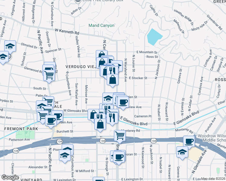 map of restaurants, bars, coffee shops, grocery stores, and more near 1111 North Brand Boulevard in Glendale