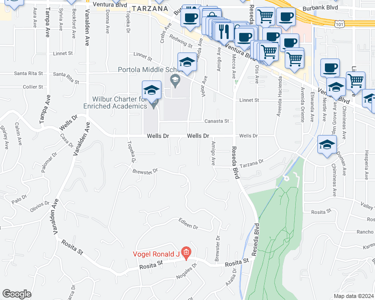 map of restaurants, bars, coffee shops, grocery stores, and more near 18762 Wells Drive in Los Angeles