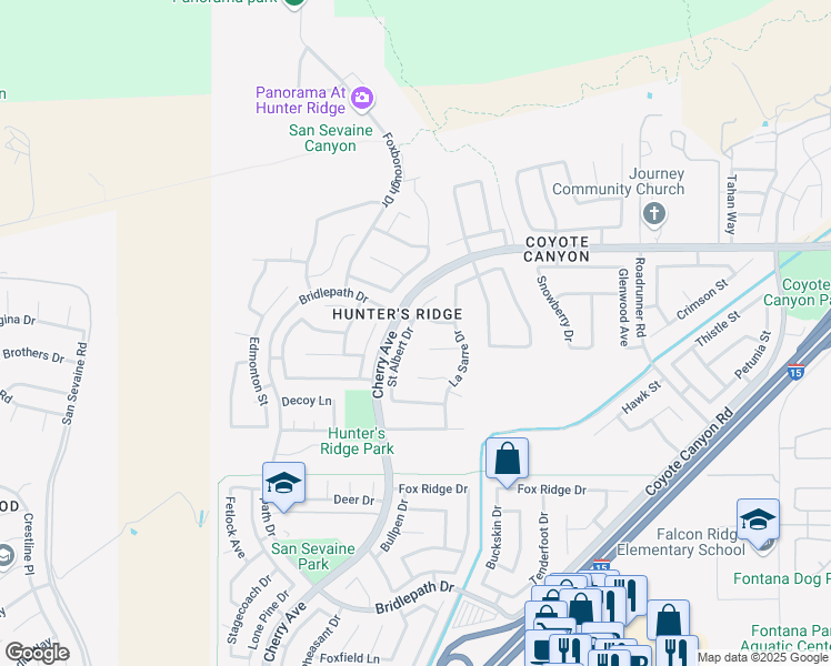 map of restaurants, bars, coffee shops, grocery stores, and more near 5022 Saint Albert Drive in Fontana