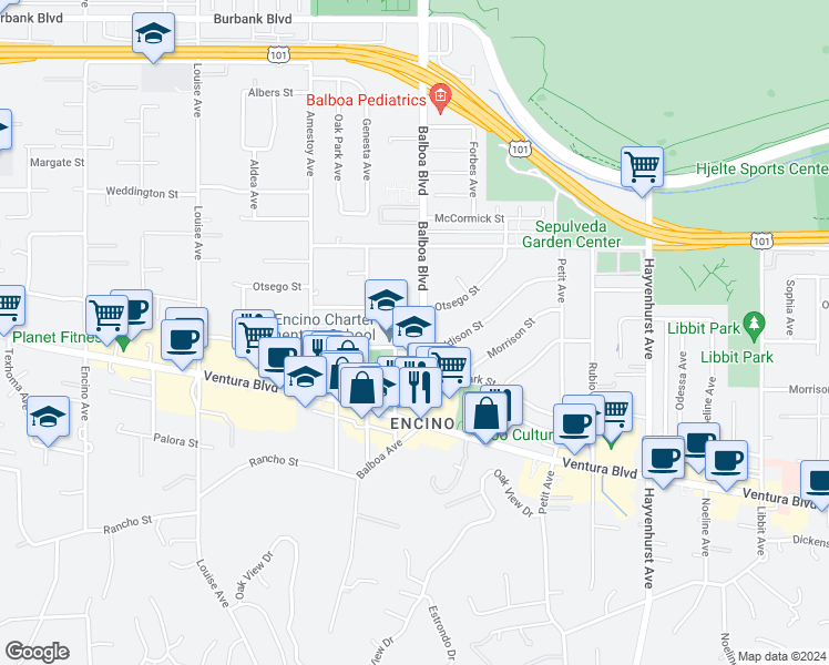 map of restaurants, bars, coffee shops, grocery stores, and more near 5015 Balboa Boulevard in Los Angeles