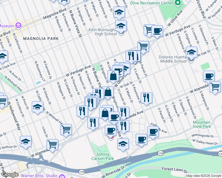 map of restaurants, bars, coffee shops, grocery stores, and more near 2 North Brighton Street in Burbank