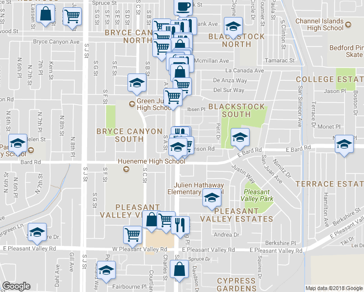 map of restaurants, bars, coffee shops, grocery stores, and more near 4160 Saviers Road in Oxnard