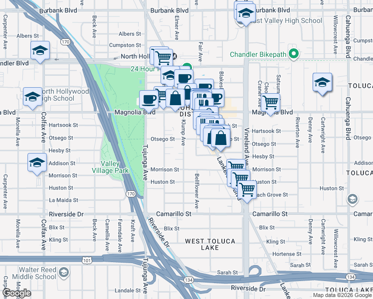 map of restaurants, bars, coffee shops, grocery stores, and more near 5050 Klump Avenue in Los Angeles