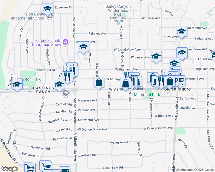 map of restaurants, bars, coffee shops, grocery stores, and more near 531 West Sierra Madre Boulevard in Sierra Madre