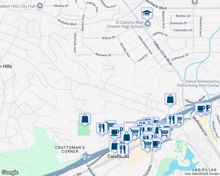 map of restaurants, bars, coffee shops, grocery stores, and more near 23939 Long Valley Road in Hidden Hills