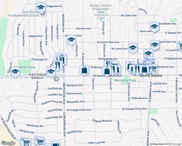 map of restaurants, bars, coffee shops, grocery stores, and more near 501 West Sierra Madre Boulevard in Sierra Madre
