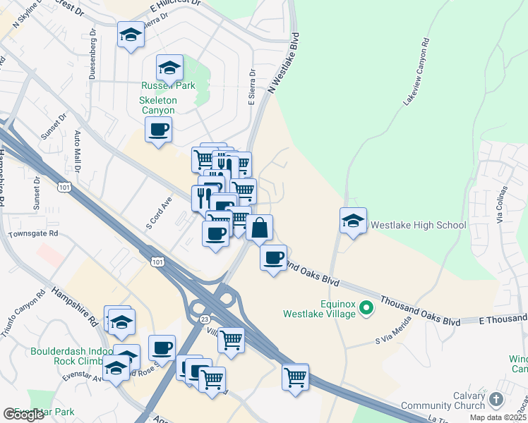 map of restaurants, bars, coffee shops, grocery stores, and more near 200 Meadow Gate Street in Thousand Oaks