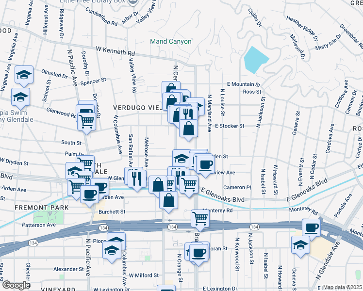 map of restaurants, bars, coffee shops, grocery stores, and more near 1118 North Central Avenue in Glendale
