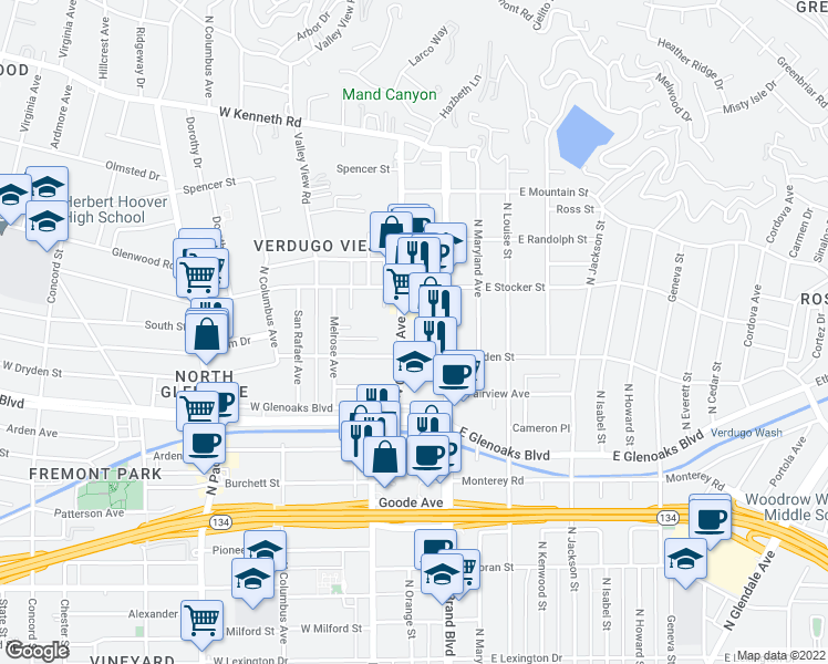 map of restaurants, bars, coffee shops, grocery stores, and more near 1118 North Central Avenue in Glendale