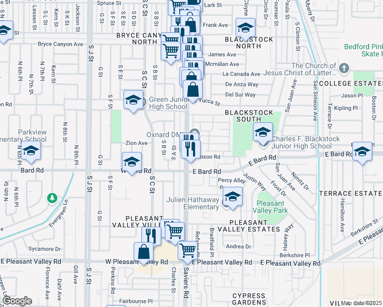 map of restaurants, bars, coffee shops, grocery stores, and more near 4160 Saviers Road in Oxnard