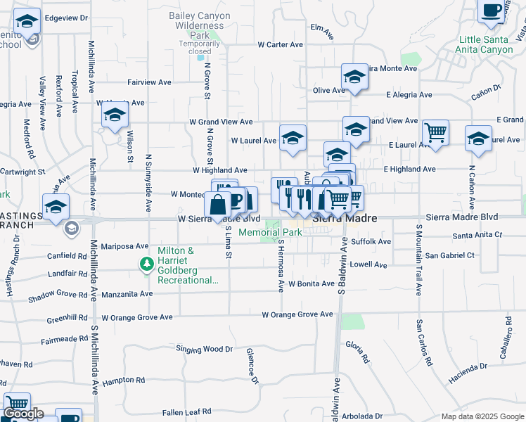 map of restaurants, bars, coffee shops, grocery stores, and more near 245 West Sierra Madre Boulevard in Sierra Madre