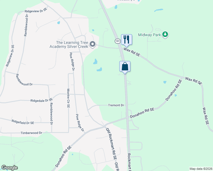 map of restaurants, bars, coffee shops, grocery stores, and more near 4622 Rockmart Road Southeast in Silver Creek