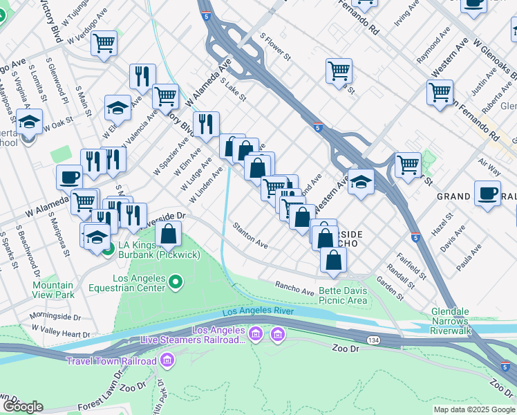 map of restaurants, bars, coffee shops, grocery stores, and more near 241 Thompson Avenue in Glendale