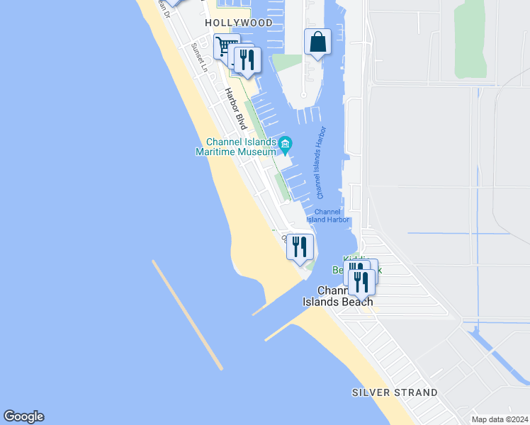 map of restaurants, bars, coffee shops, grocery stores, and more near 3347 Ocean Drive in Oxnard