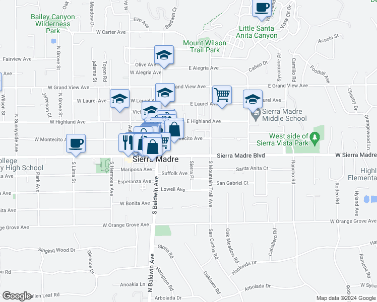 map of restaurants, bars, coffee shops, grocery stores, and more near 111 East Sierra Madre Boulevard in Sierra Madre