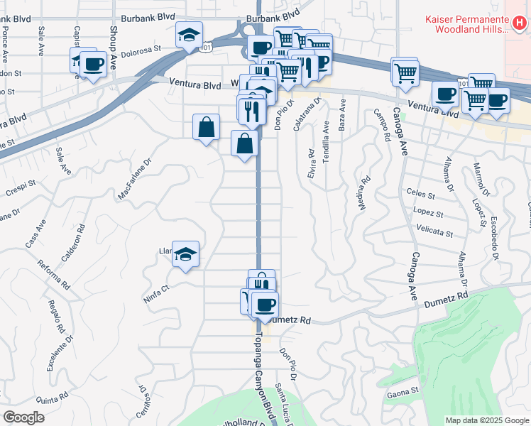 map of restaurants, bars, coffee shops, grocery stores, and more near 5112 Topanga Canyon Boulevard in Los Angeles