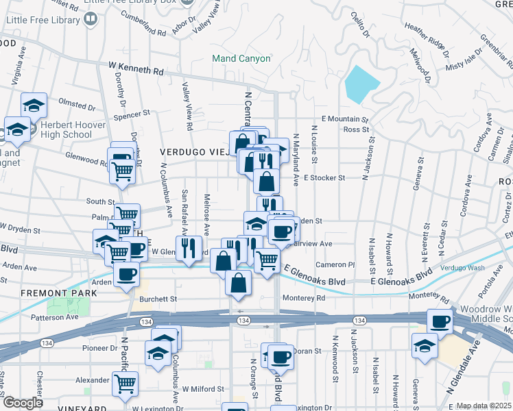 map of restaurants, bars, coffee shops, grocery stores, and more near 1118 North Central Avenue in Glendale