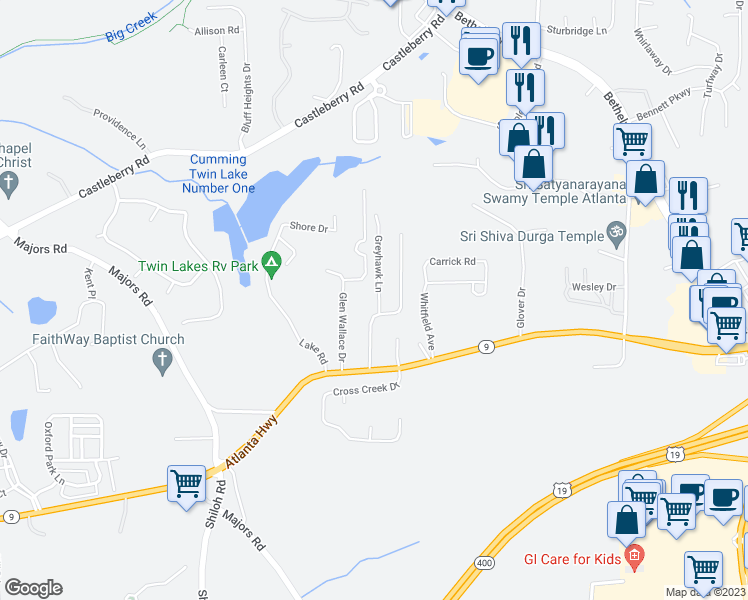 map of restaurants, bars, coffee shops, grocery stores, and more near 2911 Greyhawk Lane in Cumming