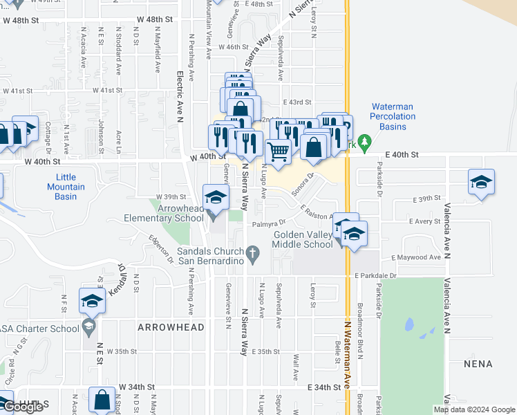map of restaurants, bars, coffee shops, grocery stores, and more near 3898 North Lugo Avenue in San Bernardino