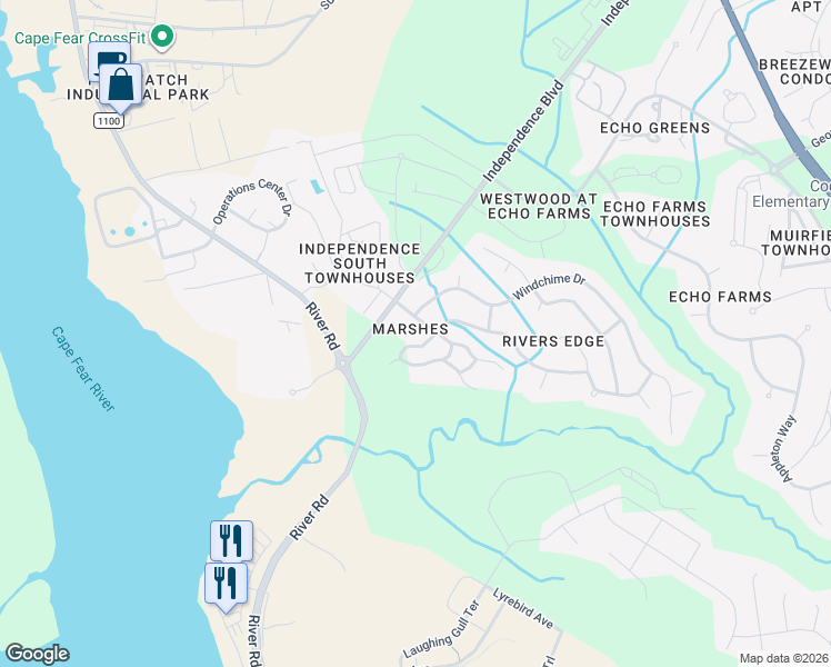 map of restaurants, bars, coffee shops, grocery stores, and more near 104 River Front Place in Wilmington