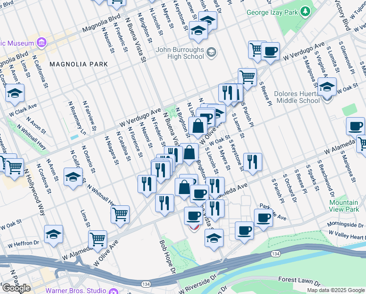 map of restaurants, bars, coffee shops, grocery stores, and more near 216 North Buena Vista Street in Burbank