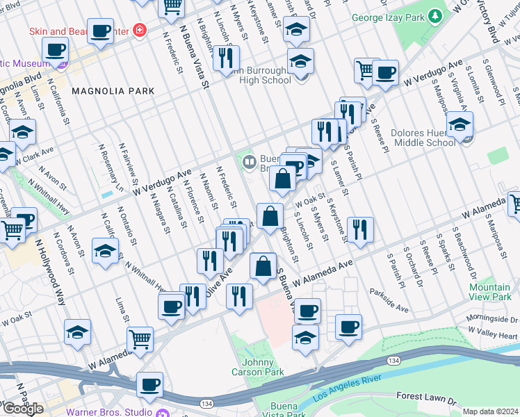 map of restaurants, bars, coffee shops, grocery stores, and more near 216 North Buena Vista Street in Burbank