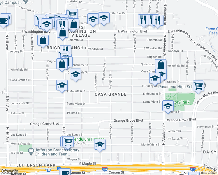 map of restaurants, bars, coffee shops, grocery stores, and more near 915 North Craig Avenue in Pasadena