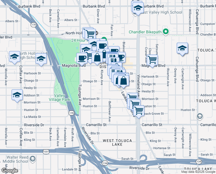 map of restaurants, bars, coffee shops, grocery stores, and more near 5066 Klump Avenue in Los Angeles