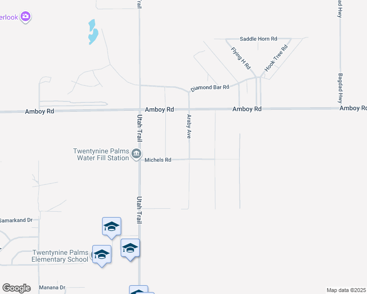 map of restaurants, bars, coffee shops, grocery stores, and more near 74685 Amboy Road in Twentynine Palms
