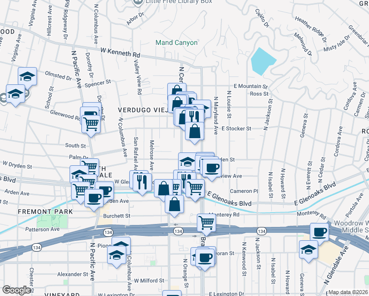 map of restaurants, bars, coffee shops, grocery stores, and more near in Glendale