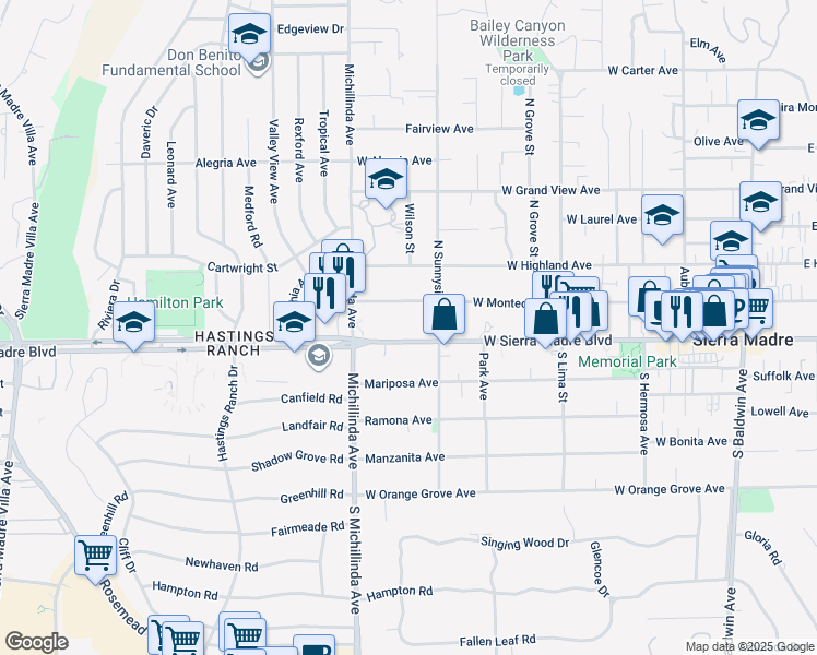 map of restaurants, bars, coffee shops, grocery stores, and more near 633 West Sierra Madre Boulevard in Sierra Madre