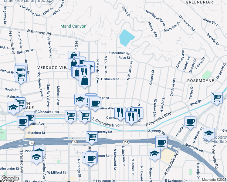 map of restaurants, bars, coffee shops, grocery stores, and more near 1131 Campbell Street in Glendale