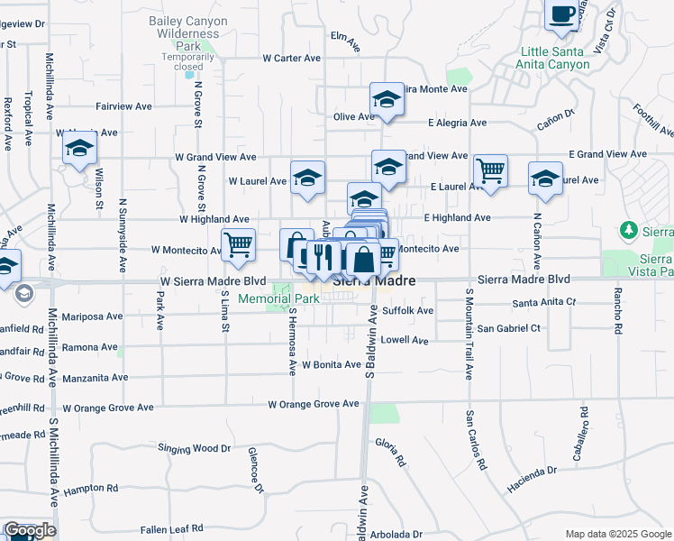map of restaurants, bars, coffee shops, grocery stores, and more near 80 Montecito Court in Sierra Madre