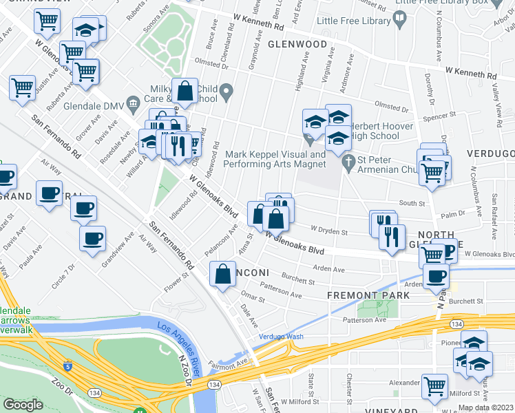 map of restaurants, bars, coffee shops, grocery stores, and more near 1117 Alma Street in Glendale