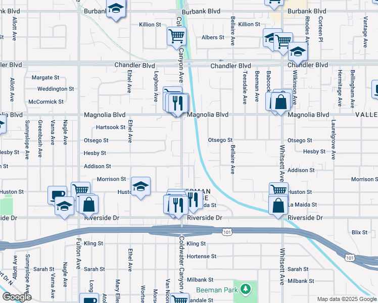 map of restaurants, bars, coffee shops, grocery stores, and more near 5036 Coldwater Canyon Avenue in Los Angeles