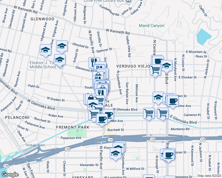 map of restaurants, bars, coffee shops, grocery stores, and more near 429 Palm Drive in Glendale