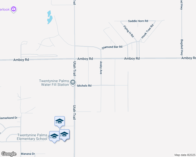 map of restaurants, bars, coffee shops, grocery stores, and more near 74685 Amboy Road in Twentynine Palms