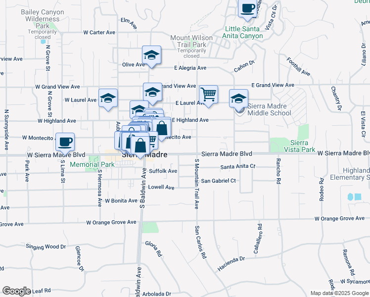 map of restaurants, bars, coffee shops, grocery stores, and more near 21 North Mountain Trail in Sierra Madre