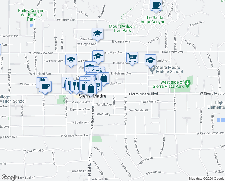 map of restaurants, bars, coffee shops, grocery stores, and more near 137 East Sierra Madre Boulevard in Sierra Madre