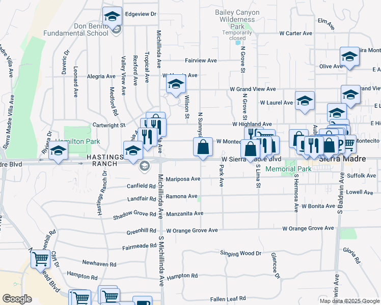 map of restaurants, bars, coffee shops, grocery stores, and more near 17 North Sunnyside Avenue in Sierra Madre