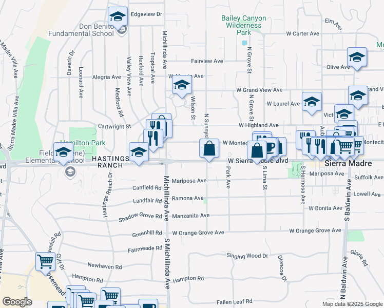 map of restaurants, bars, coffee shops, grocery stores, and more near 689 West Sierra Madre Boulevard in Sierra Madre