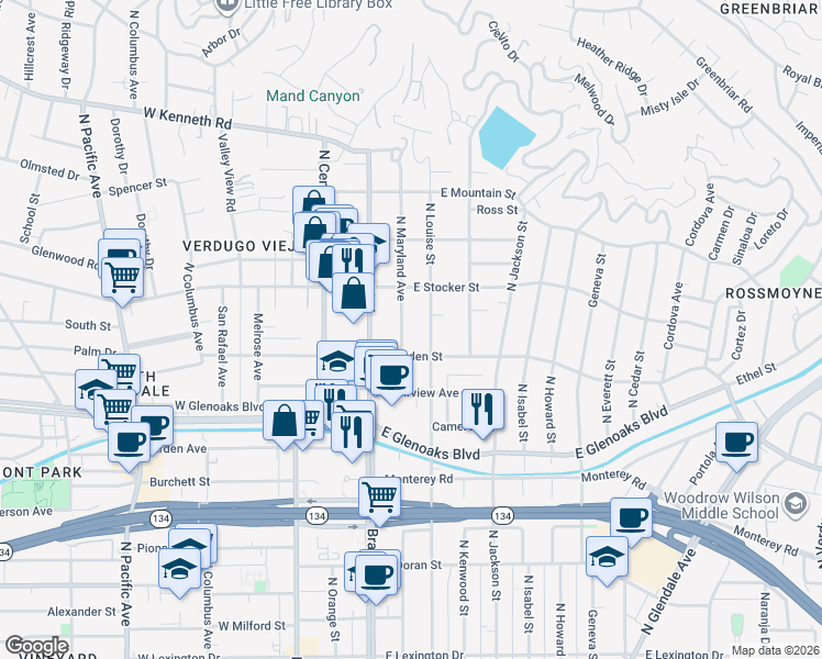map of restaurants, bars, coffee shops, grocery stores, and more near 1131 North Maryland Avenue in Glendale