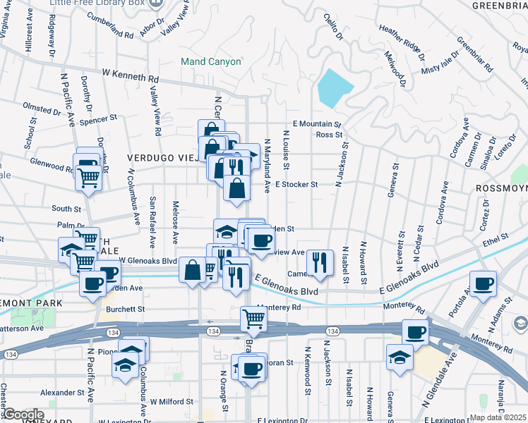 map of restaurants, bars, coffee shops, grocery stores, and more near 1131 North Maryland Avenue in Glendale