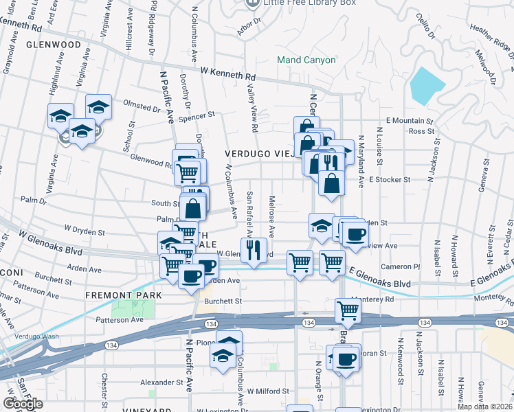 map of restaurants, bars, coffee shops, grocery stores, and more near 1125 Melrose Avenue in Glendale