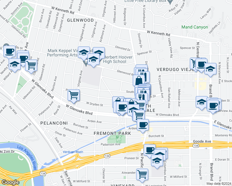 map of restaurants, bars, coffee shops, grocery stores, and more near 566 South Street in Glendale